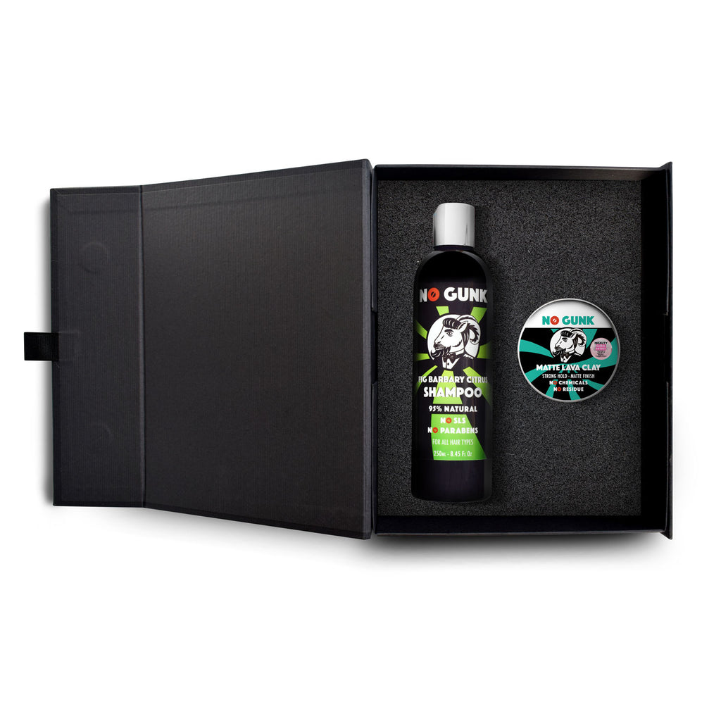 NO-GUNK-Grooming-Gift-Set-for-Him-Natural-Organic-Shampoo-250ml-Citrus-Chemical-Free-with-Natural-Organic-Hair-Styling-Matte-Lava-Clay